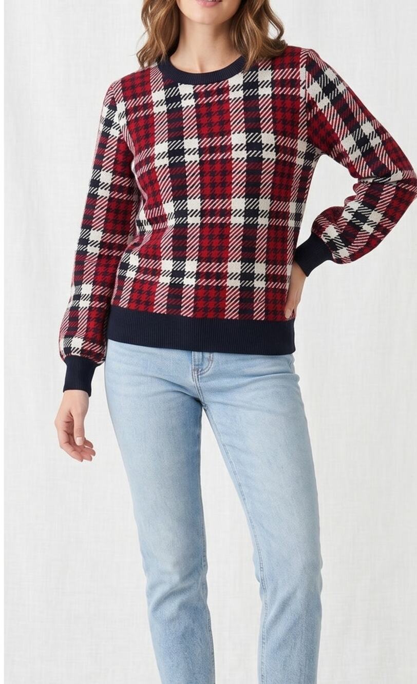 Marled Small Womens Plaid Long Sleeve Rayon Nylon Sweater Black Red White